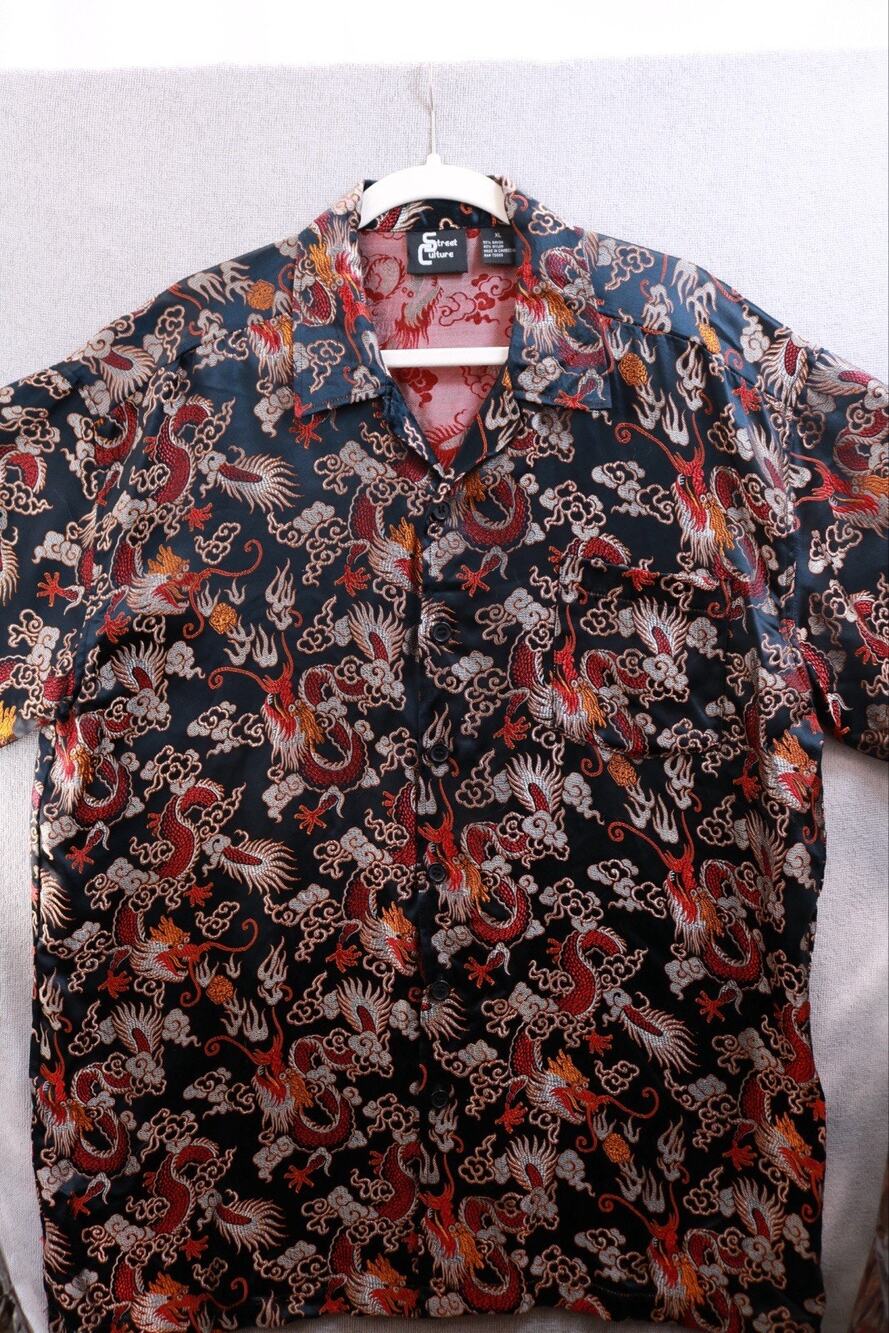 Street Culture Shirt Mens XL Dragon Asian Print Rayon Nylon Short Sleeve Black